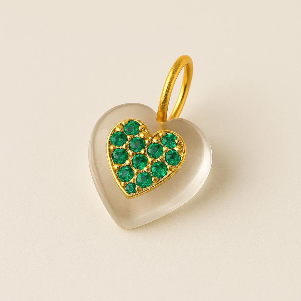 Gold Frosted Heart Pendant with Green CZ Stone | Crystal Charm Necklace for Her - BeadsBoatInc