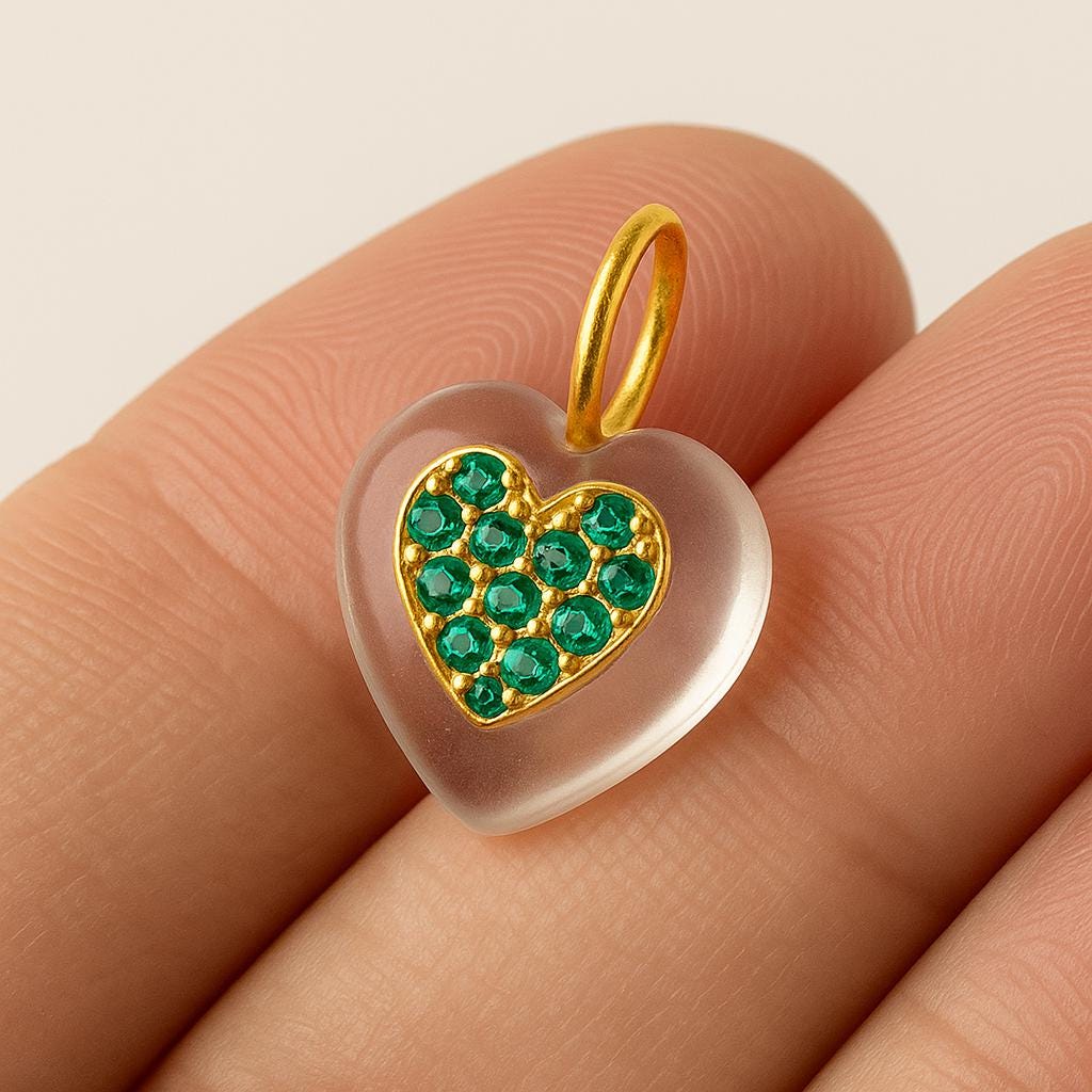 Gold Frosted Heart Pendant with Green CZ Stone | Crystal Charm Necklace for Her - BeadsBoatInc