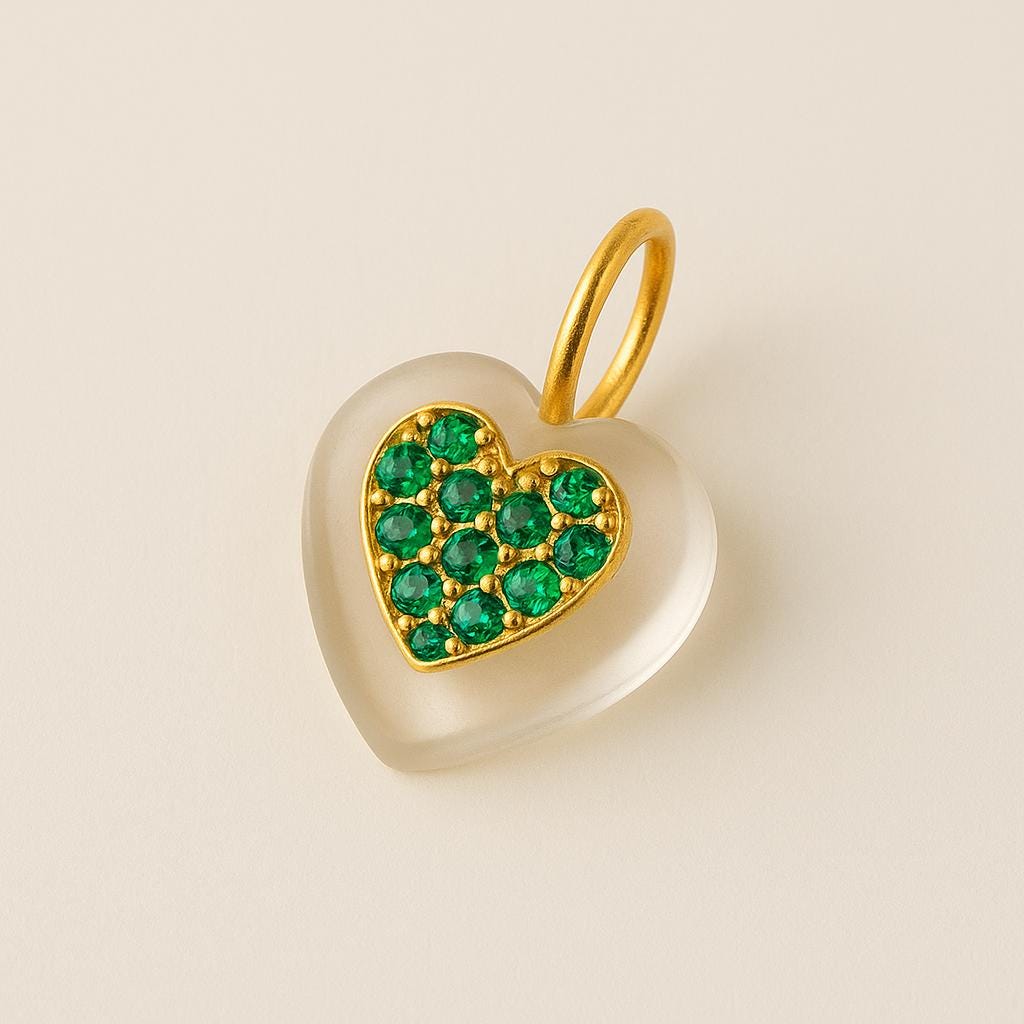 Gold Frosted Heart Pendant with Green CZ Stone | Crystal Charm Necklace for Her - BeadsBoatInc