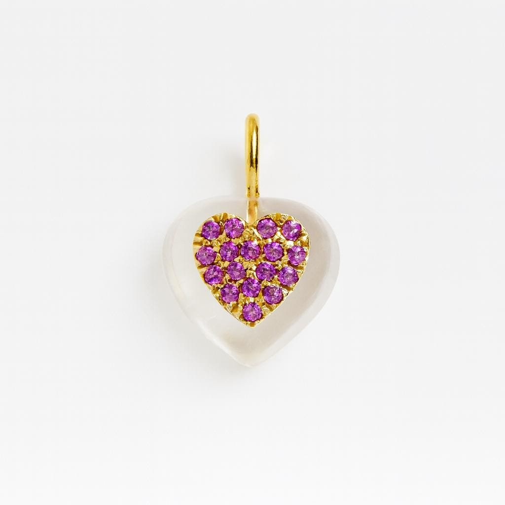 Gold Heart Pendant with Pink CZ Stone Frosted Crystal Heart Charm Necklace for Her - BeadsBoatInc