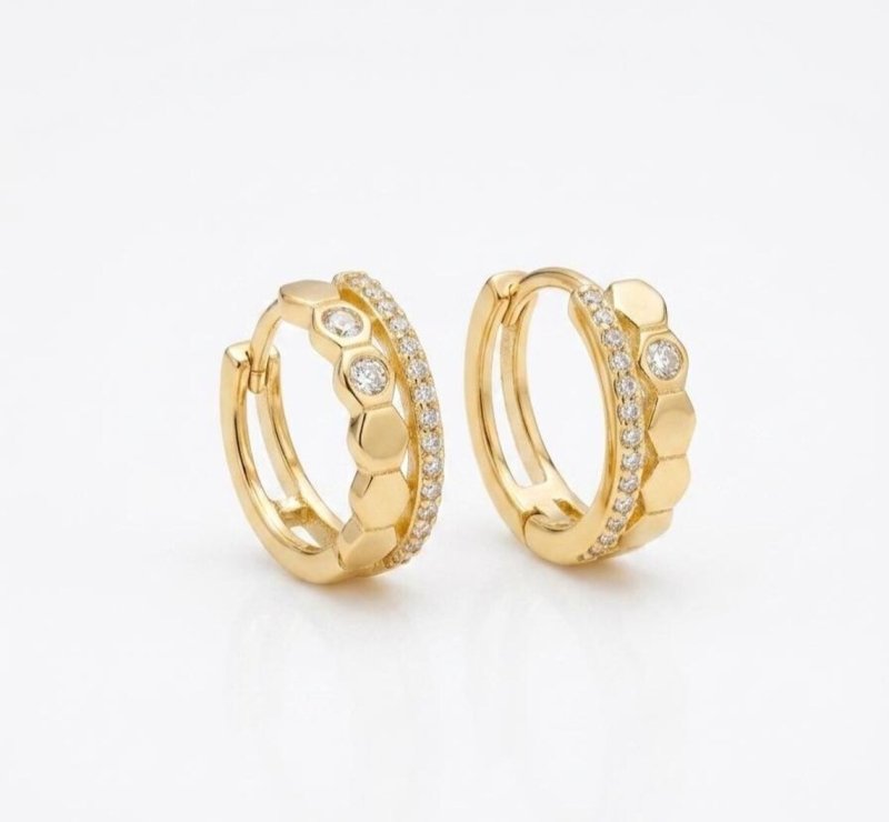Gold Plated 925 Sterling Silver CZ Hoop, Geometric Cubic Zirconia Earrings - BeadsBoatInc