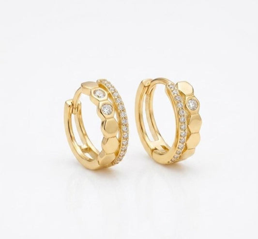 Gold Plated 925 Sterling Silver CZ Hoop, Geometric Cubic Zirconia Earrings - BeadsBoatInc