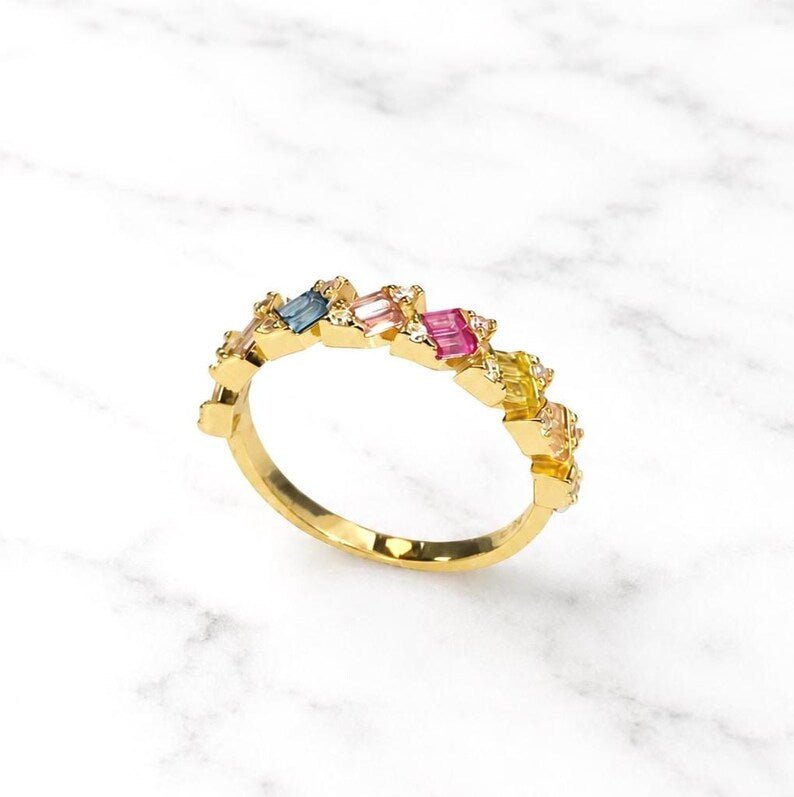 Gold Plated Baguette CZ Ring, Sterling Silver Cubic Zircon Stackable Ring - BeadsBoatInc