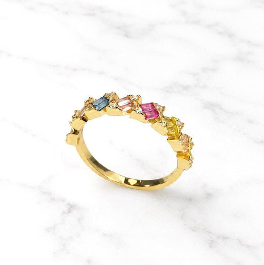Gold Plated Baguette CZ Ring, Sterling Silver Cubic Zircon Stackable Ring - BeadsBoatInc
