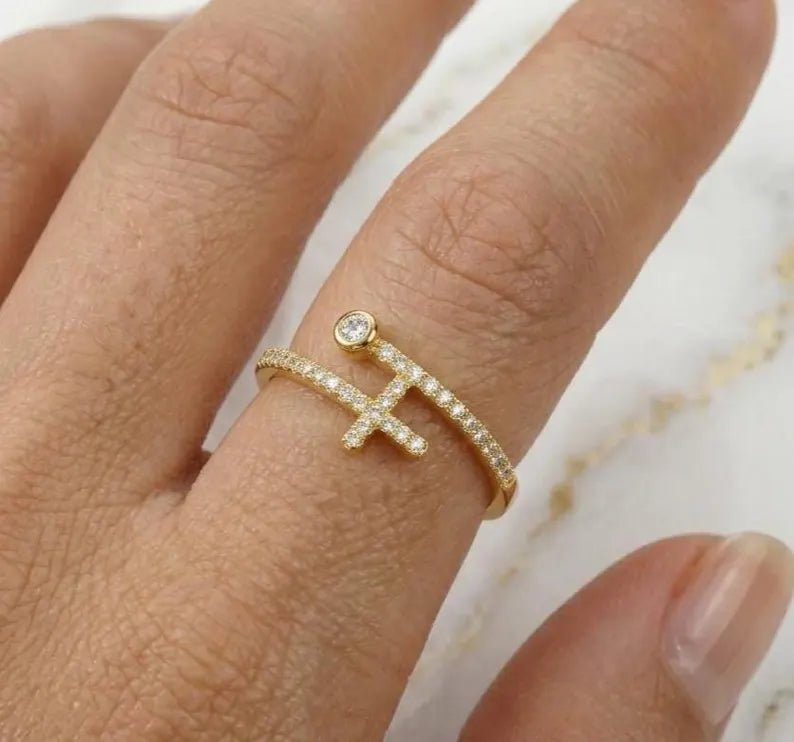 Gold Plated CZ Cross Ring, Adjustable 925 Sterling Silver Ring - BeadsBoatInc