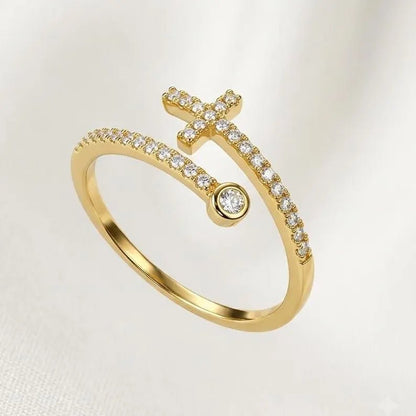 Gold Plated CZ Cross Ring, Adjustable 925 Sterling Silver Ring - BeadsBoatInc