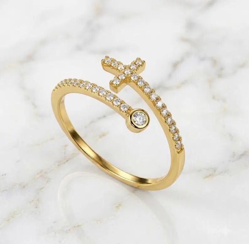 Gold Plated CZ Cross Ring, Adjustable 925 Sterling Silver Ring - BeadsBoatInc
