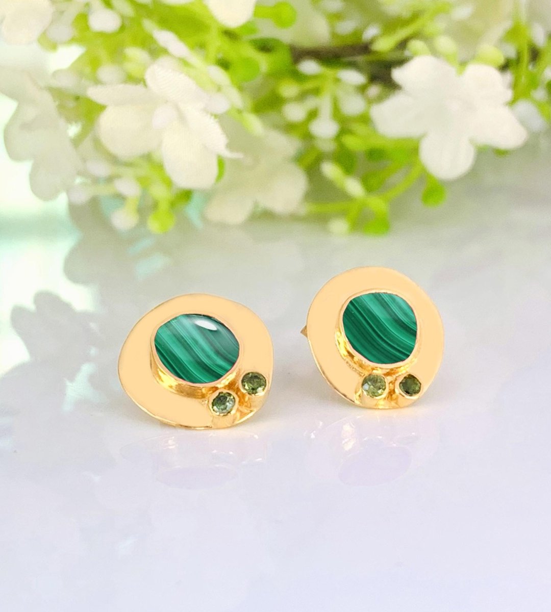 Gold Plated Malachite Stud Earrings in 925 Sterling Silver - BeadsBoatInc