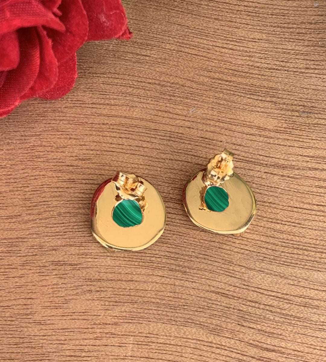 Gold Plated Malachite Stud Earrings in 925 Sterling Silver - BeadsBoatInc