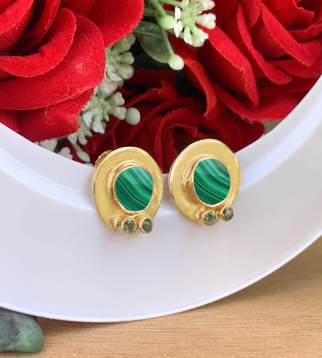 Gold Plated Malachite Stud Earrings in 925 Sterling Silver - BeadsBoatInc