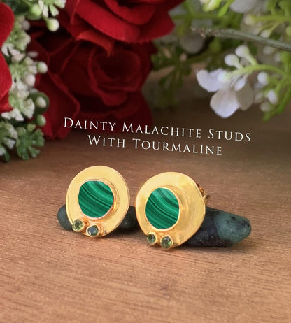 Gold Plated Malachite Stud Earrings in 925 Sterling Silver - BeadsBoatInc