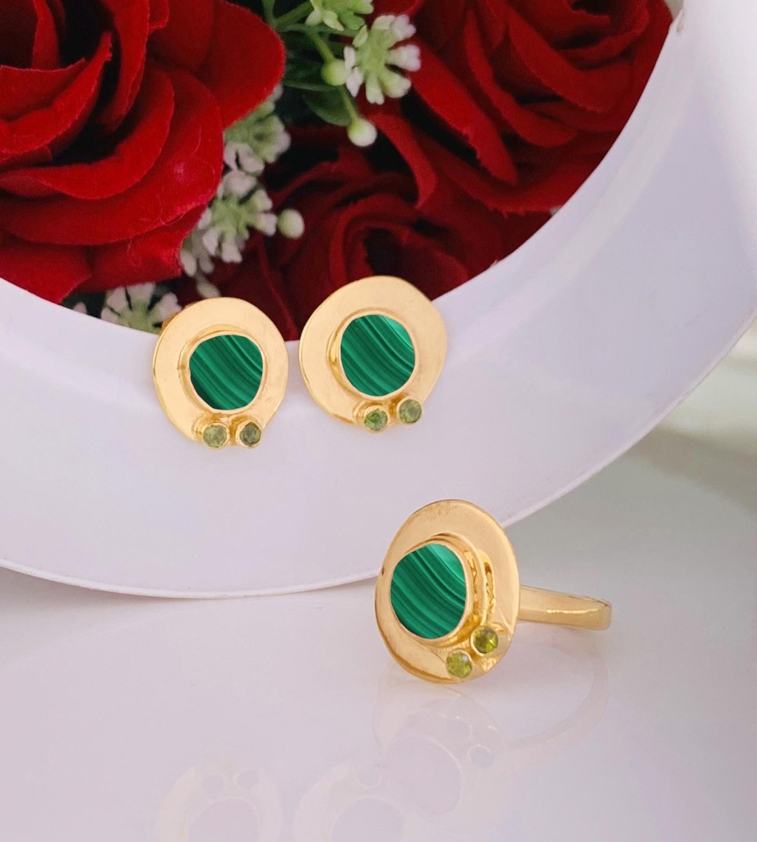 Gold Plated Malachite Stud Earrings in 925 Sterling Silver - BeadsBoatInc