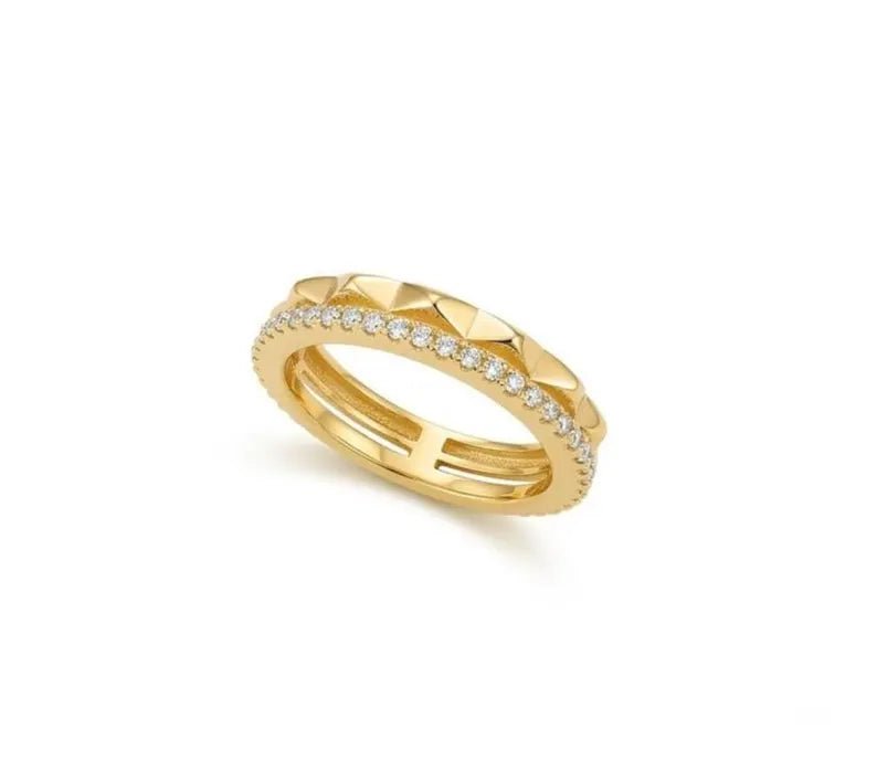 Gold Plated Pyramid Cubic Zircon Ring, 925 Sterling Silver Statement Band - BeadsBoatInc