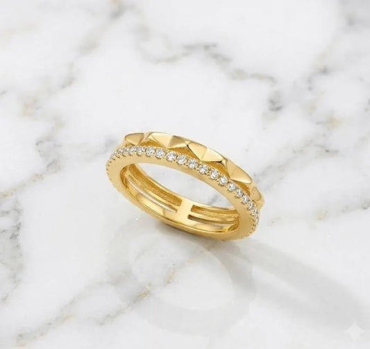 Gold Plated Pyramid Cubic Zircon Ring, 925 Sterling Silver Statement Band - BeadsBoatInc