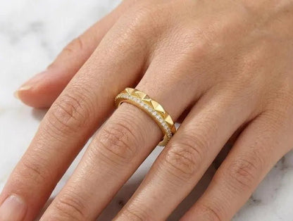 Gold Plated Pyramid Cubic Zircon Ring, 925 Sterling Silver Statement Band - BeadsBoatInc