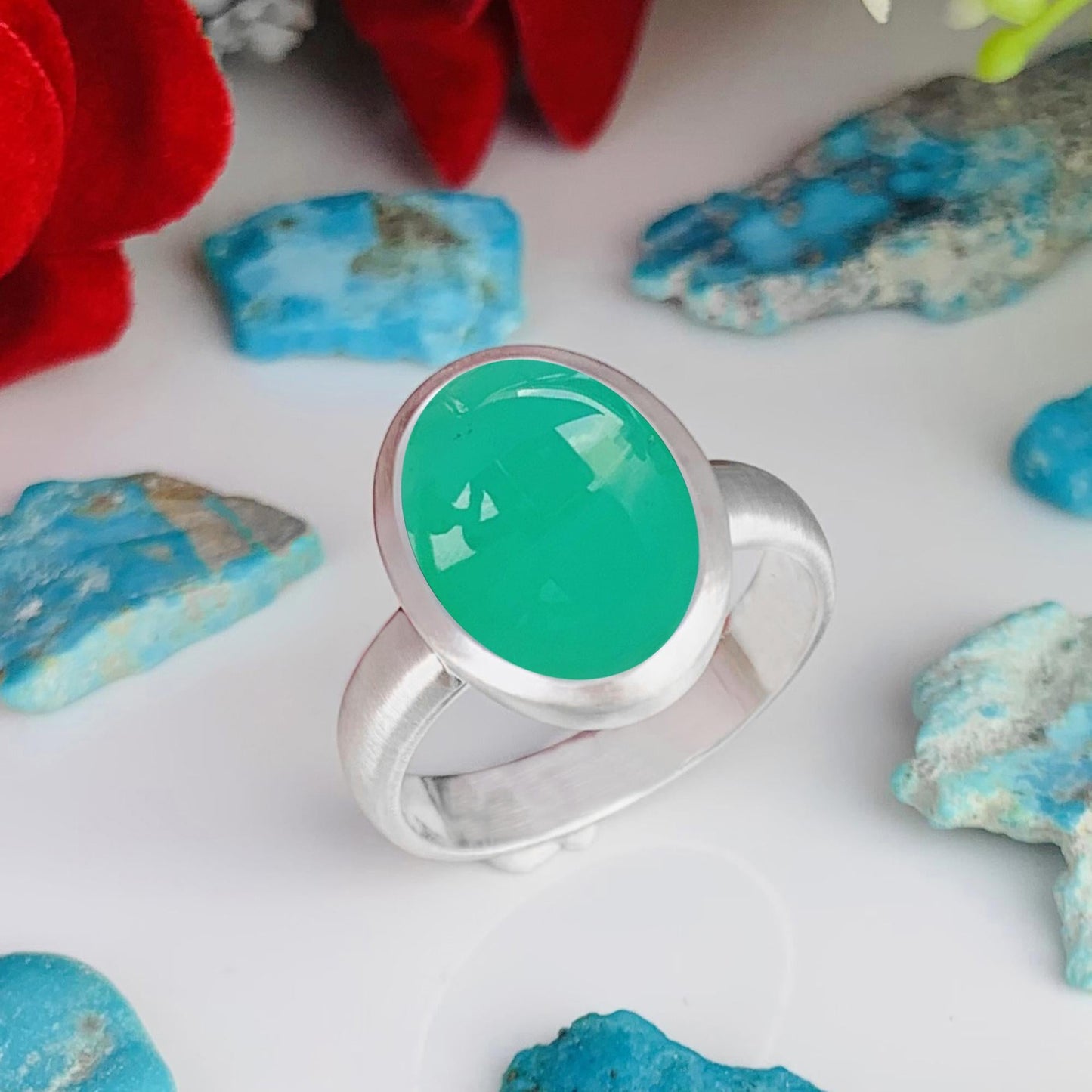 Green Chrysoprase Ring, Matte Finish Silver Solitaire Ring - BeadsBoatInc