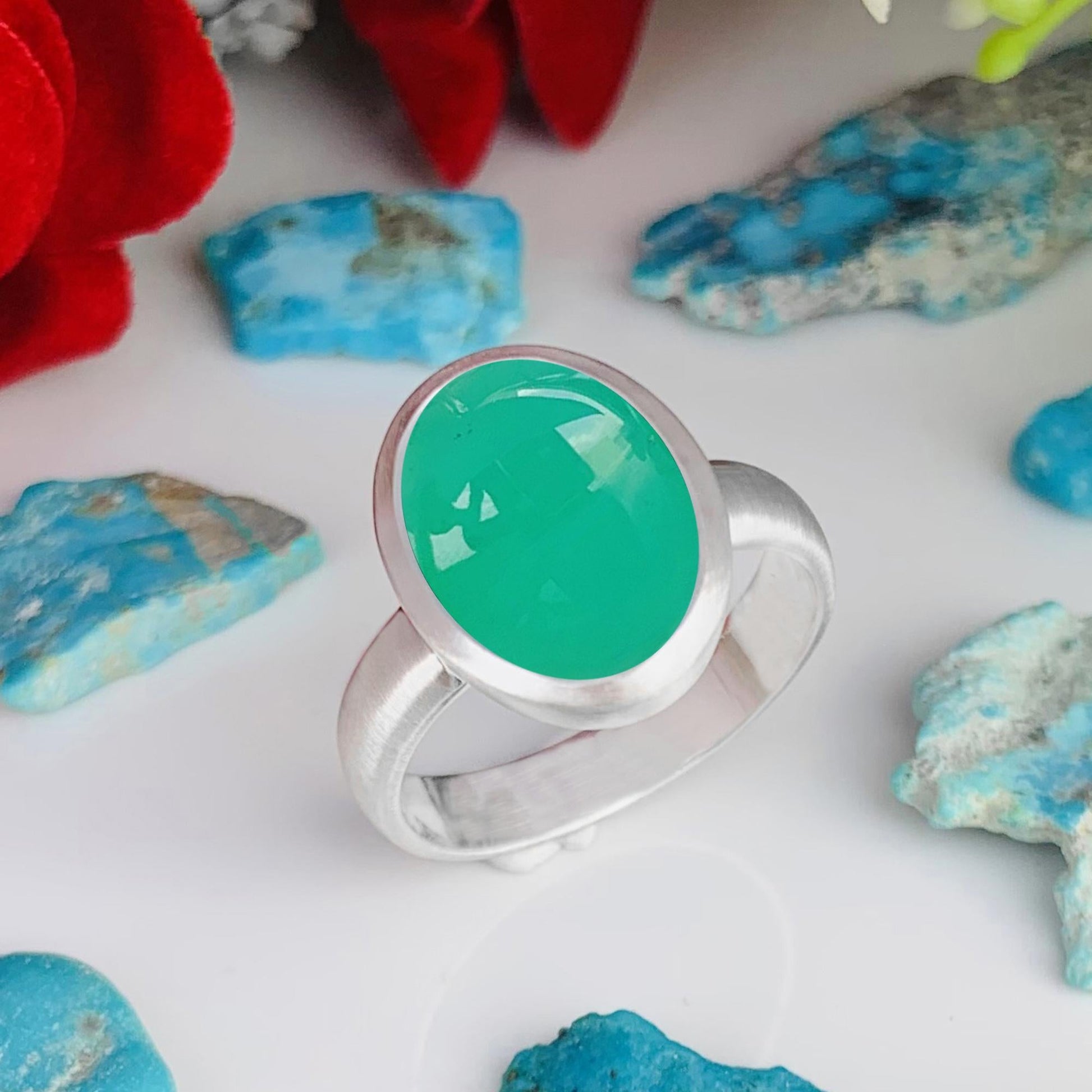 Green Chrysoprase Ring, Matte Finish Silver Solitaire Ring - BeadsBoatInc