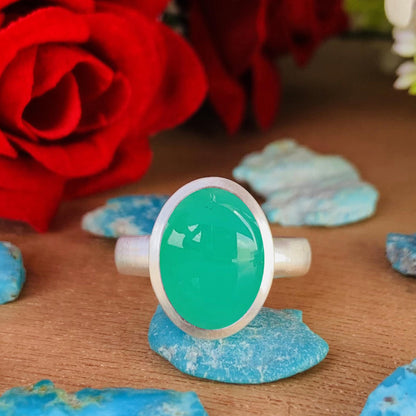 Green Chrysoprase Ring, Matte Finish Silver Solitaire Ring - BeadsBoatInc