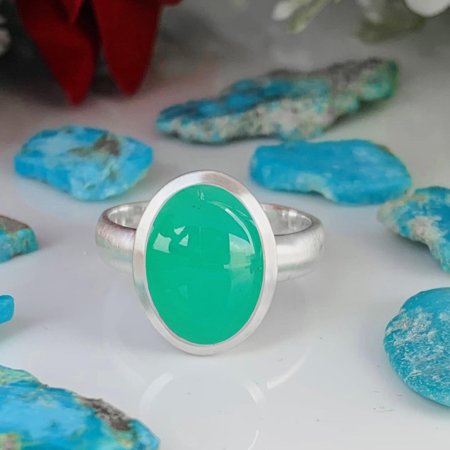 Green Chrysoprase Ring, Matte Finish Silver Solitaire Ring - BeadsBoatInc