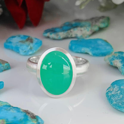 Green Chrysoprase Ring, Matte Finish Silver Solitaire Ring - BeadsBoatInc