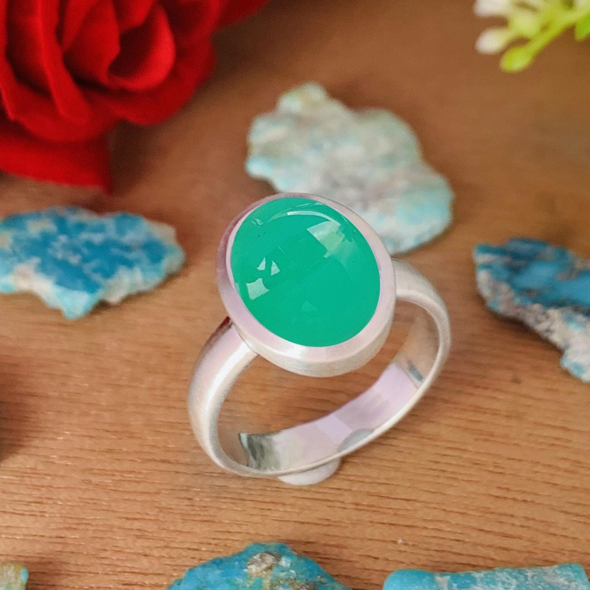 Green Chrysoprase Ring, Matte Finish Silver Solitaire Ring - BeadsBoatInc