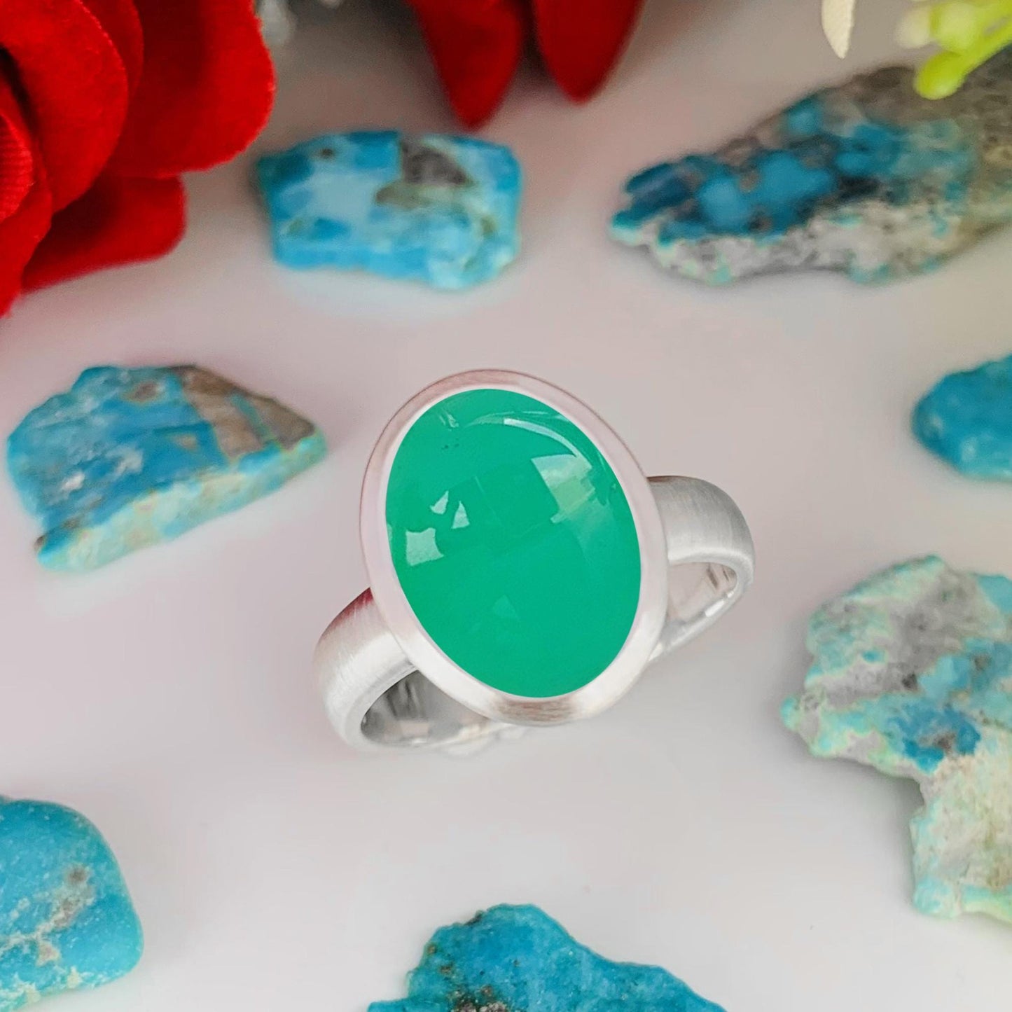 Green Chrysoprase Ring, Matte Finish Silver Solitaire Ring - BeadsBoatInc