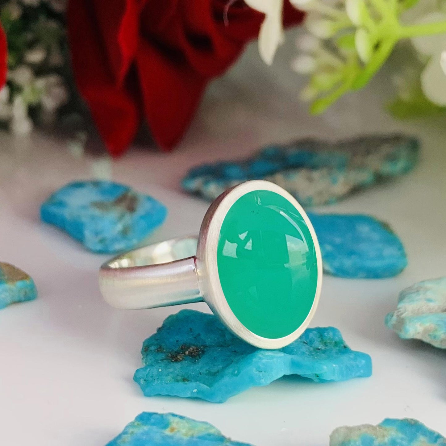 Green Chrysoprase Ring, Matte Finish Silver Solitaire Ring - BeadsBoatInc