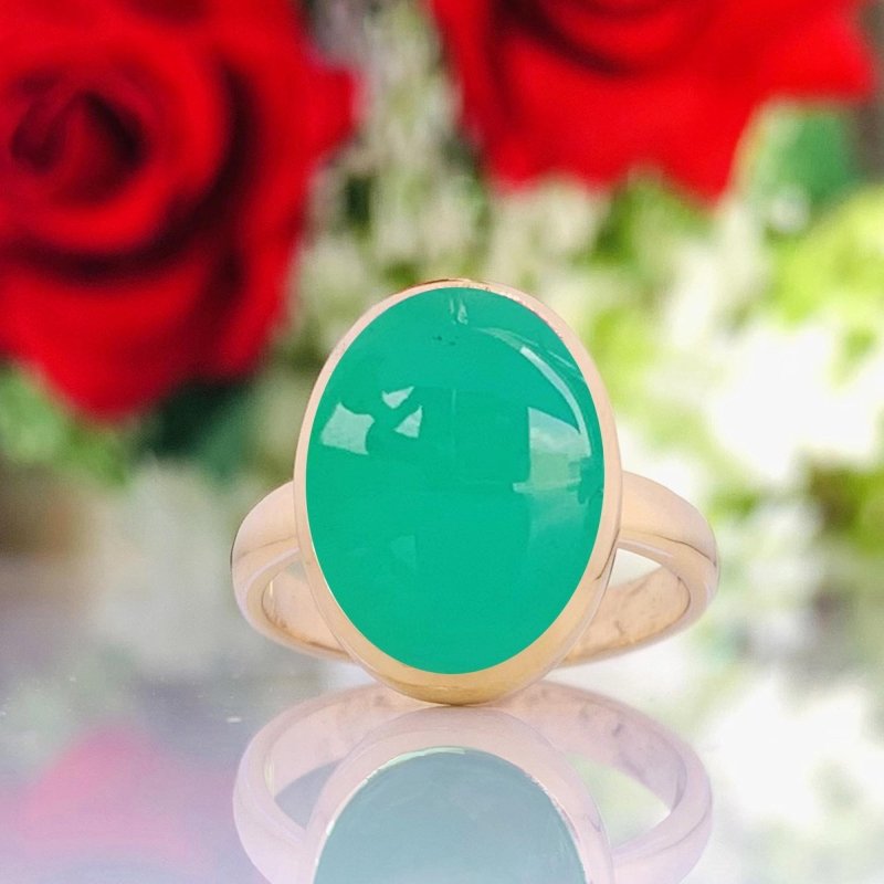 Green Oval Chrysoprase Ring - 925 Silver Gold Plated - BeadsBoatInc