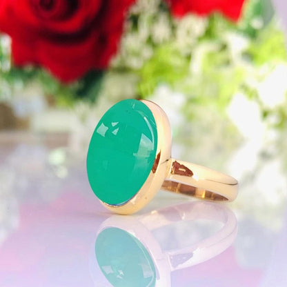 Green Oval Chrysoprase Ring - 925 Silver Gold Plated - BeadsBoatInc