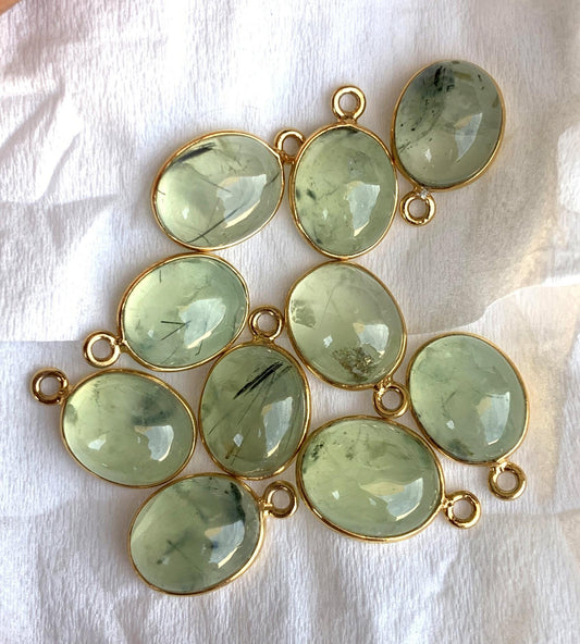 Green Prehnite Bezel Connectors ~ Oval Shape Link Components ~ Silver and Gold Charms ~ Jewelry Making Supplies ~ Crystal Connectors - BeadsBoatInc