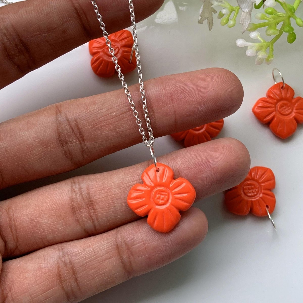 Hand - Carved Coral Flower Necklace • Sterling Silver | Gold | Rose Gold Finish • Nature Inspired Jewelry • Gift for Her • Autumn Jewelry - BeadsBoatInc