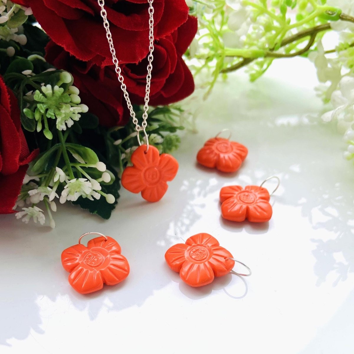 Hand - Carved Coral Flower Necklace • Sterling Silver | Gold | Rose Gold Finish • Nature Inspired Jewelry • Gift for Her • Autumn Jewelry - BeadsBoatInc