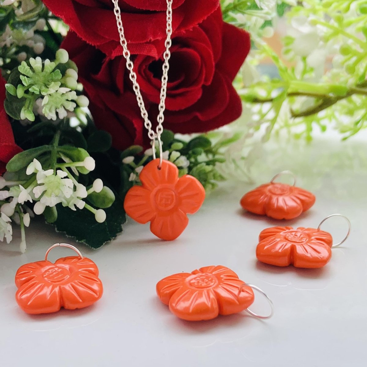 Hand - Carved Coral Flower Necklace • Sterling Silver | Gold | Rose Gold Finish • Nature Inspired Jewelry • Gift for Her • Autumn Jewelry - BeadsBoatInc