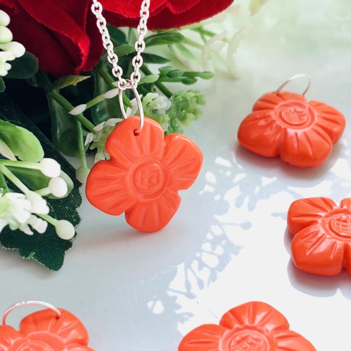 Hand - Carved Coral Flower Necklace • Sterling Silver | Gold | Rose Gold Finish • Nature Inspired Jewelry • Gift for Her • Autumn Jewelry - BeadsBoatInc