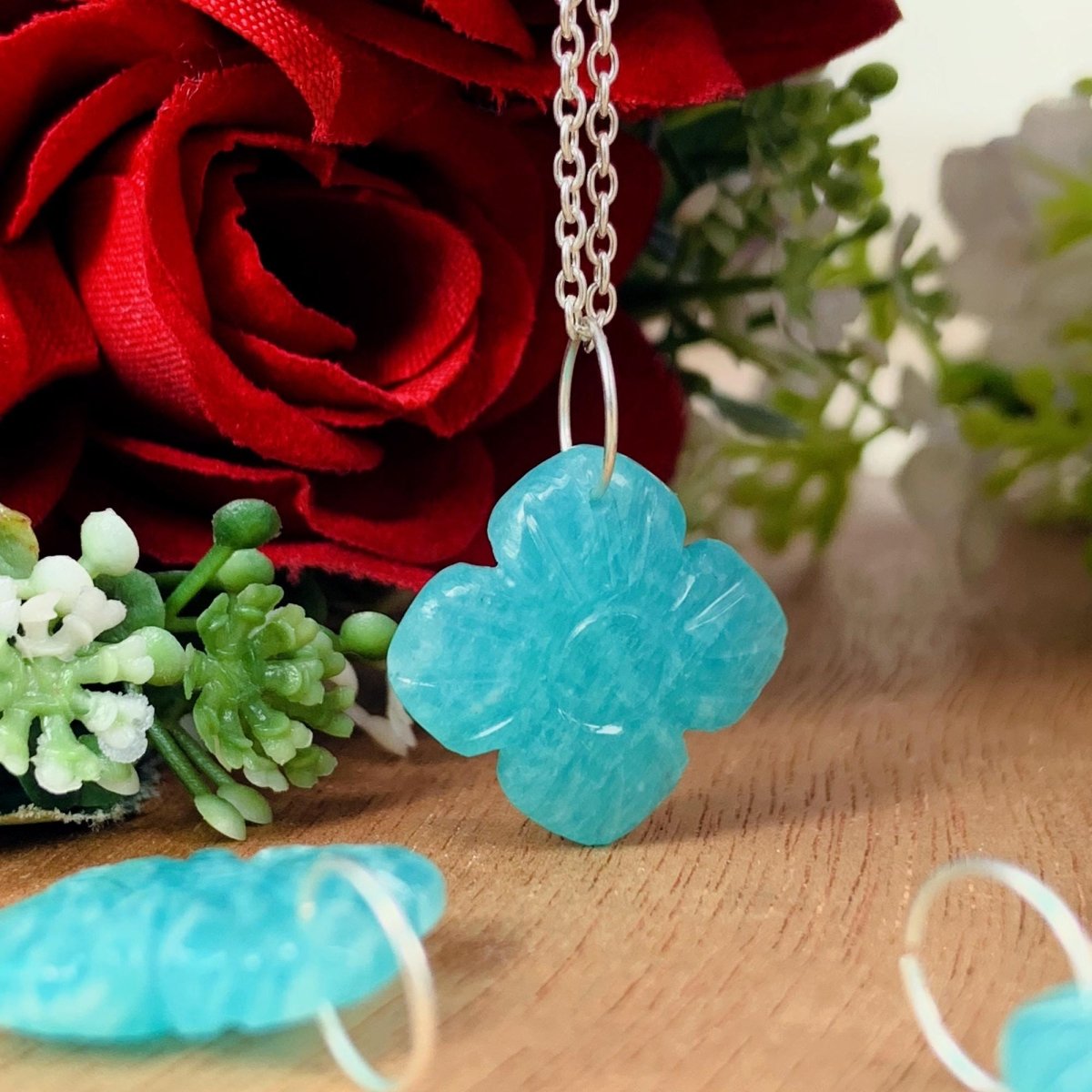 Hand - Carved Natural Amazonite Flower Necklace • Silver | Gold | Rose Gold Finish • Nature Inspired Jewelry • Gift for Her • Autumn Jewelry - BeadsBoatInc