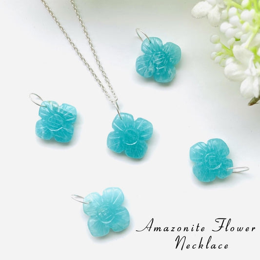 Hand - Carved Natural Amazonite Flower Necklace • Silver | Gold | Rose Gold Finish • Nature Inspired Jewelry • Gift for Her • Autumn Jewelry - BeadsBoatInc