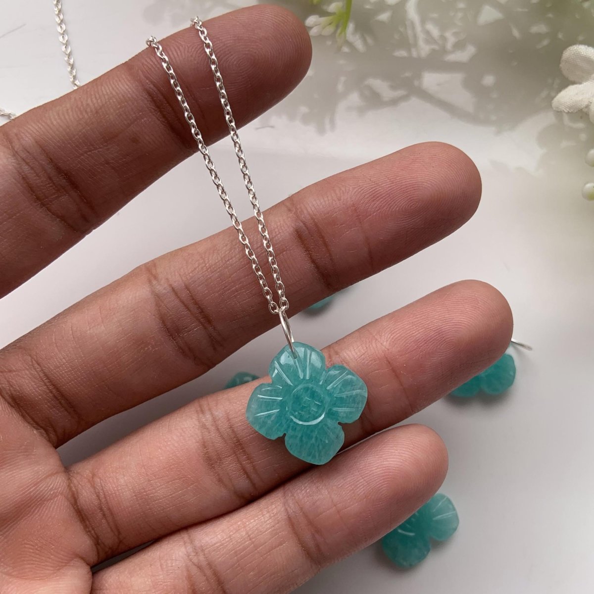 Hand - Carved Natural Amazonite Flower Necklace • Silver | Gold | Rose Gold Finish • Nature Inspired Jewelry • Gift for Her • Autumn Jewelry - BeadsBoatInc