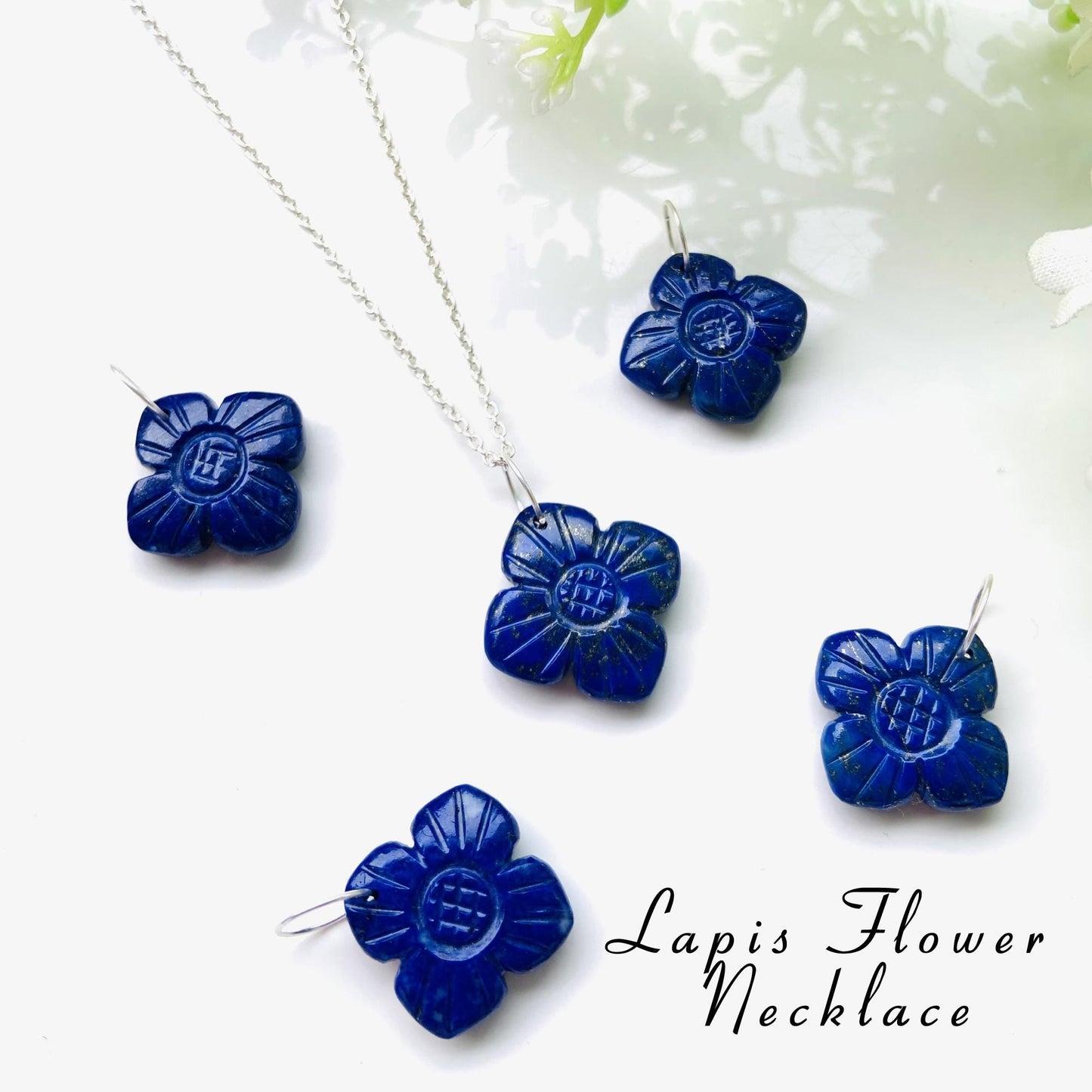 Hand - Carved Natural Lapis Flower Necklace • Silver | Gold | Rose Gold Finish • Nature Inspired Jewelry • Gift for Her • Autumn Jewelry - BeadsBoatInc