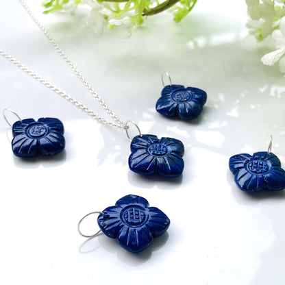 Hand - Carved Natural Lapis Flower Necklace • Silver | Gold | Rose Gold Finish • Nature Inspired Jewelry • Gift for Her • Autumn Jewelry - BeadsBoatInc