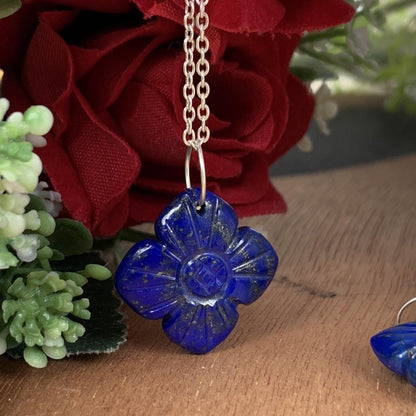 Hand - Carved Natural Lapis Flower Necklace • Silver | Gold | Rose Gold Finish • Nature Inspired Jewelry • Gift for Her • Autumn Jewelry - BeadsBoatInc