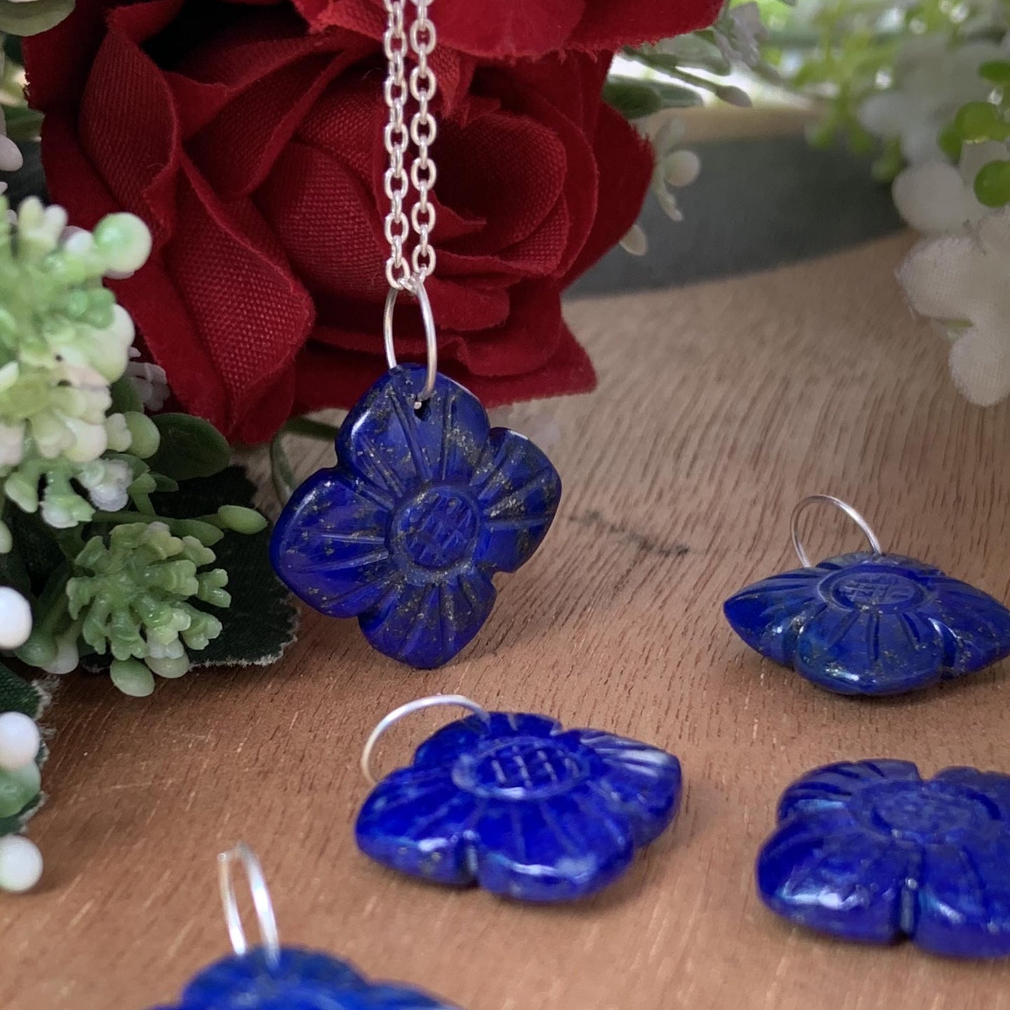 Hand - Carved Natural Lapis Flower Necklace • Silver | Gold | Rose Gold Finish • Nature Inspired Jewelry • Gift for Her • Autumn Jewelry - BeadsBoatInc