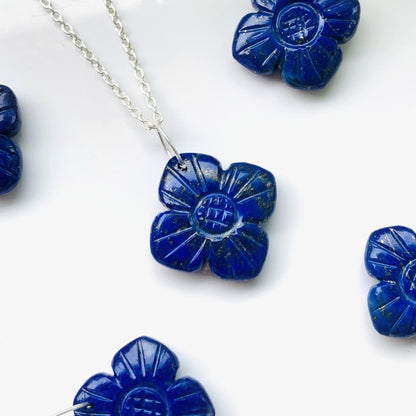 Hand - Carved Natural Lapis Flower Necklace • Silver | Gold | Rose Gold Finish • Nature Inspired Jewelry • Gift for Her • Autumn Jewelry - BeadsBoatInc