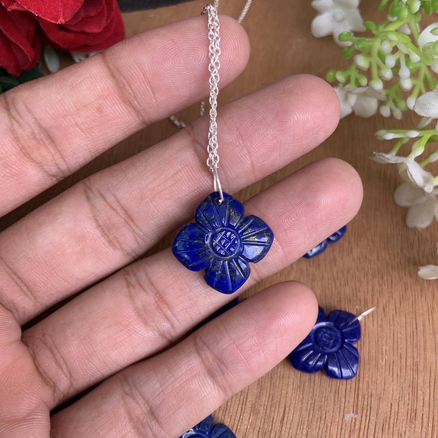 Hand - Carved Natural Lapis Flower Necklace • Silver | Gold | Rose Gold Finish • Nature Inspired Jewelry • Gift for Her • Autumn Jewelry - BeadsBoatInc