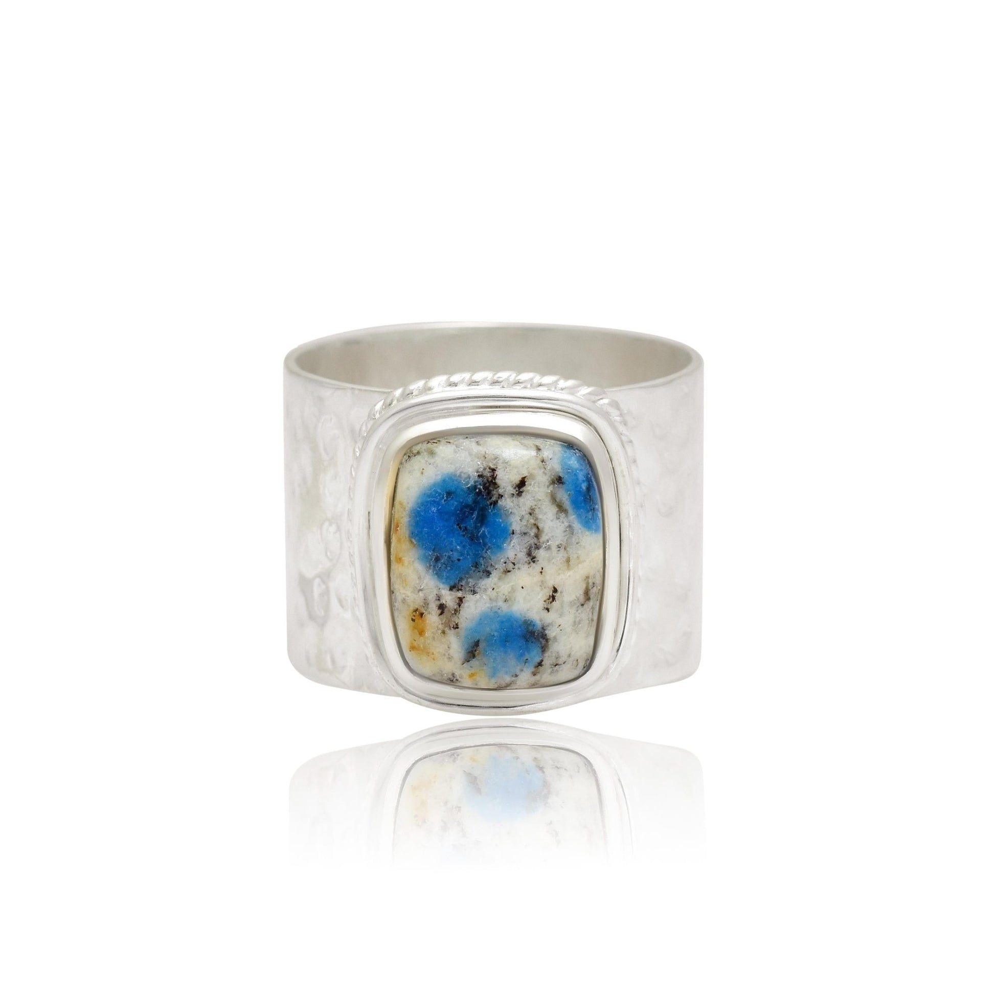 Handcrafted Azurite Jasper Statement Ring - Unique Blue Gemstone Silver Band - BeadsBoatInc