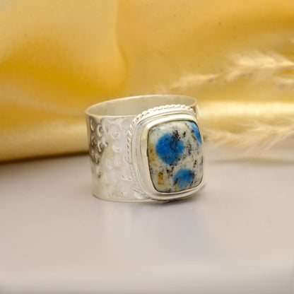 Handcrafted Azurite Jasper Statement Ring - Unique Blue Gemstone Silver Band - BeadsBoatInc