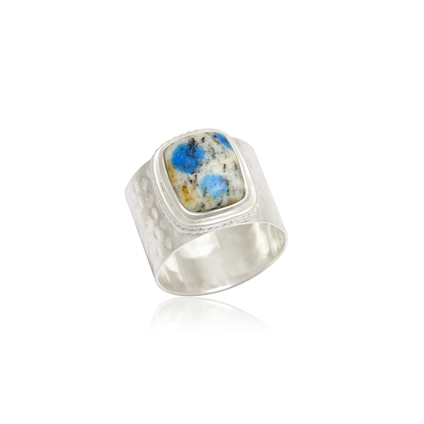 Handcrafted Azurite Jasper Statement Ring - Unique Blue Gemstone Silver Band - BeadsBoatInc