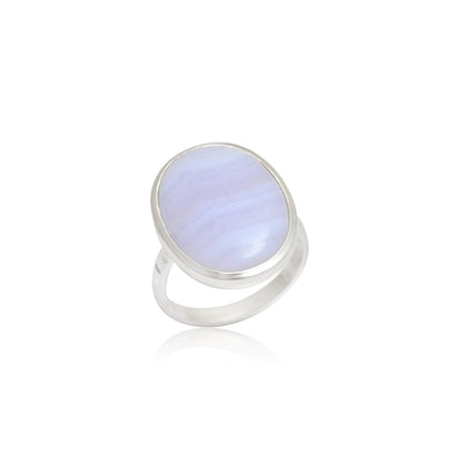 Handmade Blue Lace Agate Oval Statement Ring in 925 Sterling Silver - BeadsBoatInc