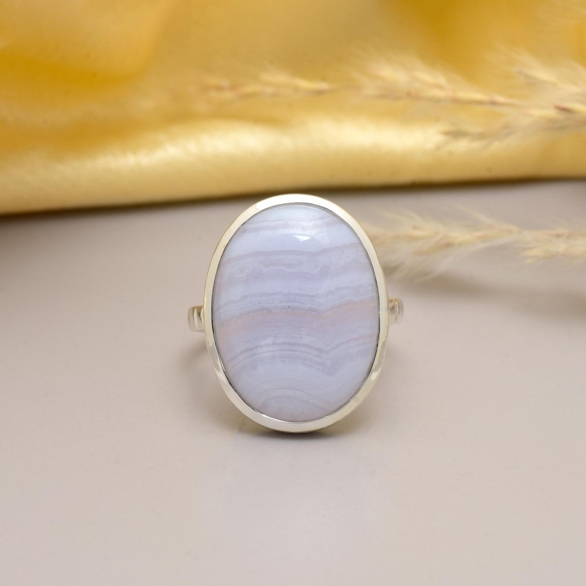 Handmade Blue Lace Agate Oval Statement Ring in 925 Sterling Silver - BeadsBoatInc