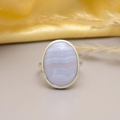 Handmade Blue Lace Agate Oval Statement Ring in 925 Sterling Silver - BeadsBoatInc