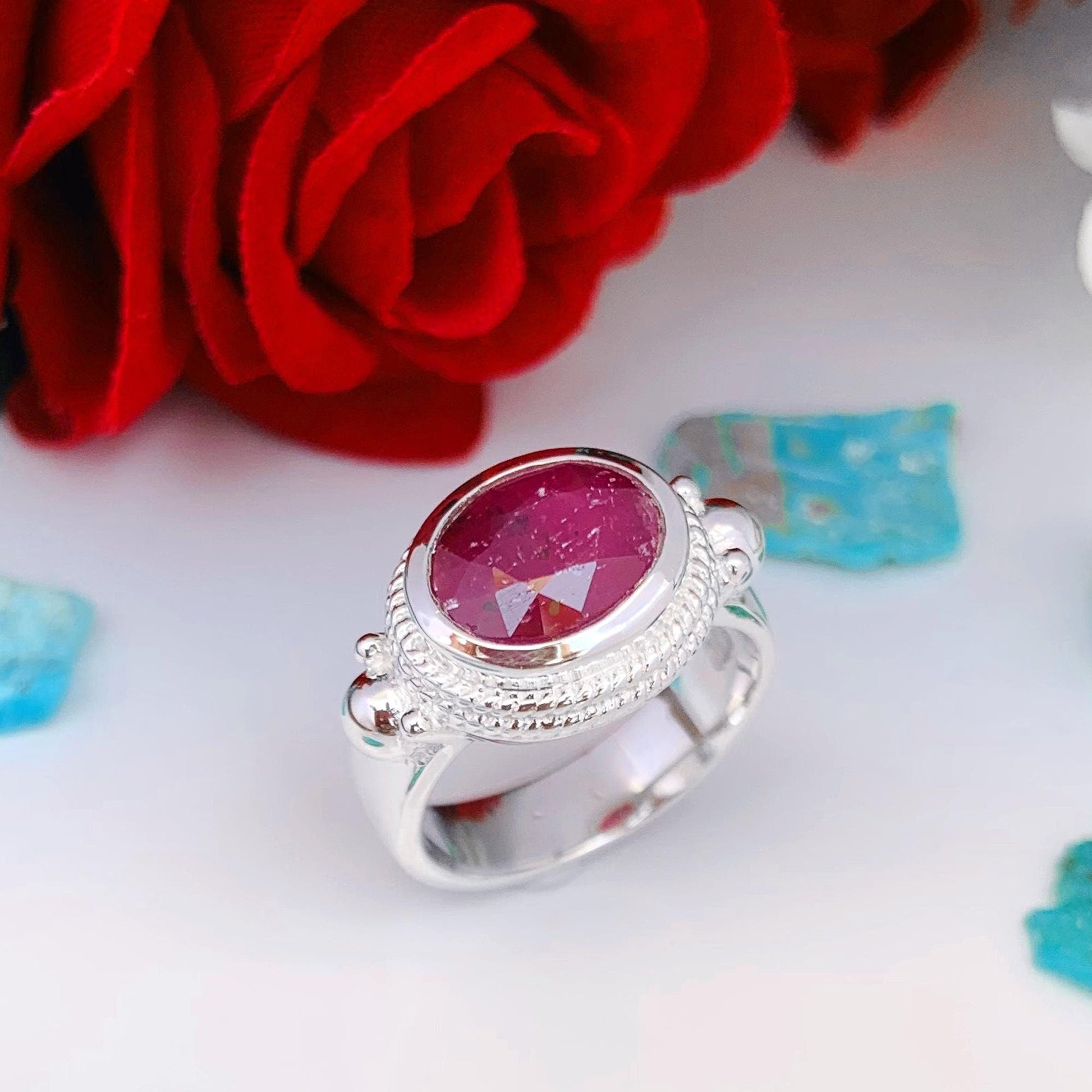 Handmade Natural Ruby Ring, 925 Sterling Silver Statement Jewelry - BeadsBoatInc